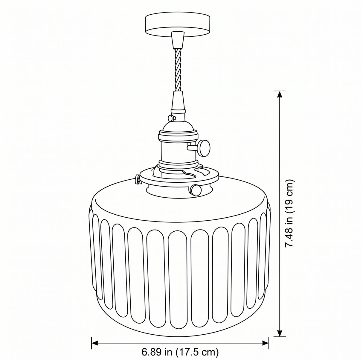 Line drawing showing diameter and height for both glass shade sizes