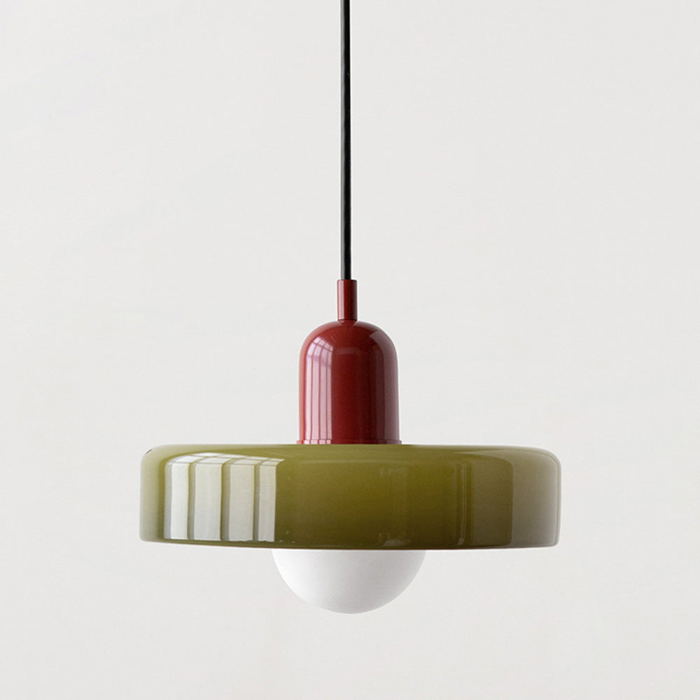 Olive glass disc shade and glossy red lamp holder on a black fabric cord