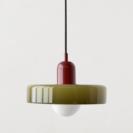 Olive glass disc shade and glossy red lamp holder on a black fabric cord