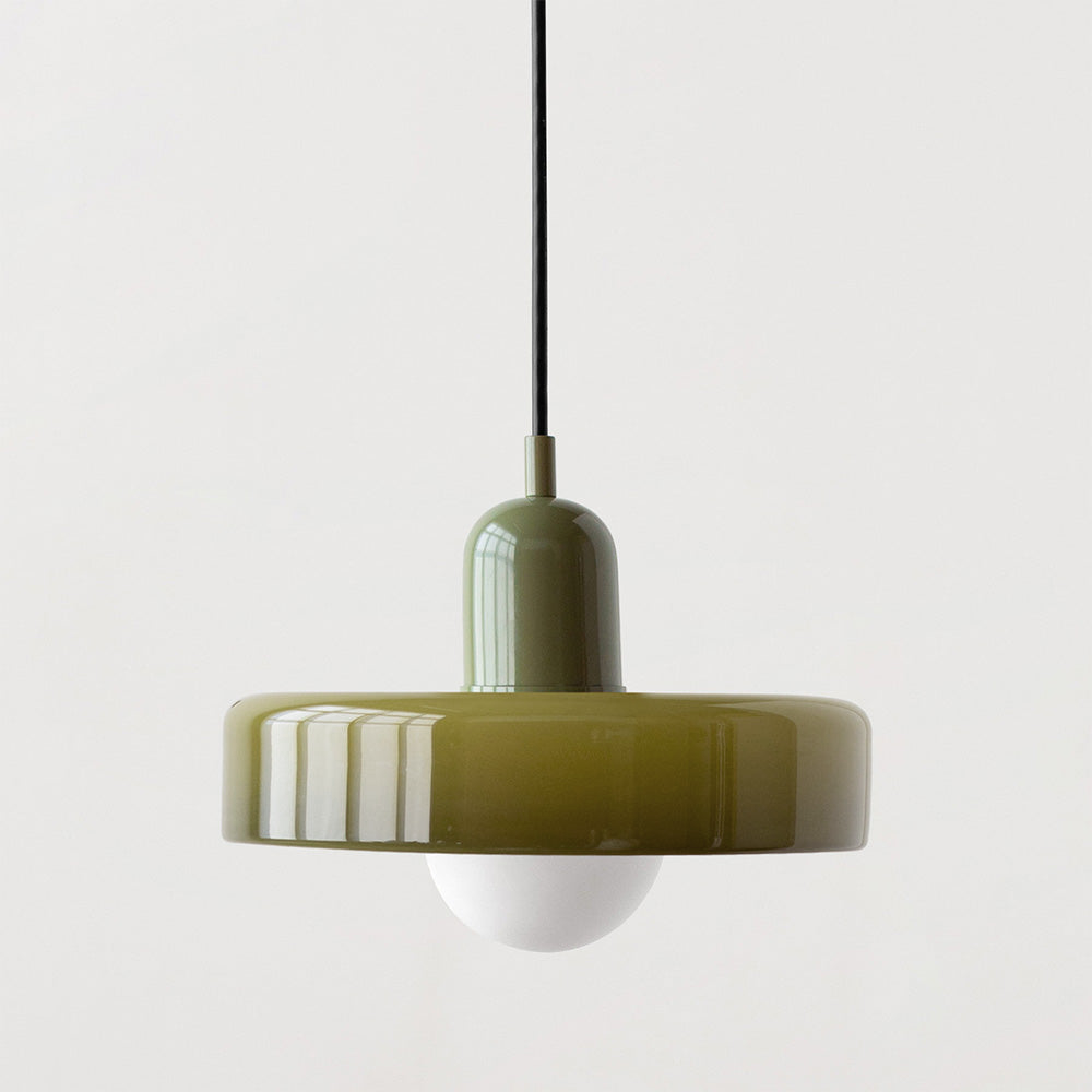 Olive glass pendant light with a matching olive lamp holder, shown lit