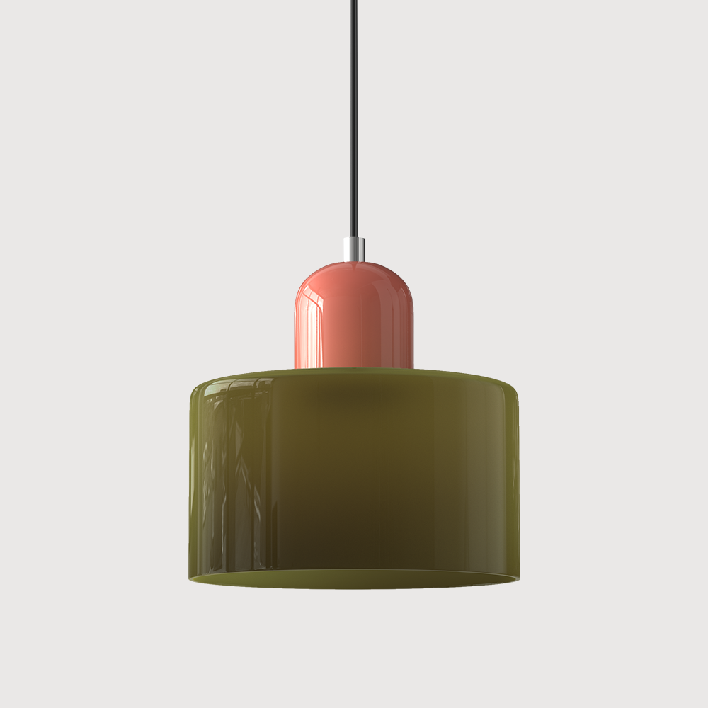 Green glass pendant light with a pink base, front view