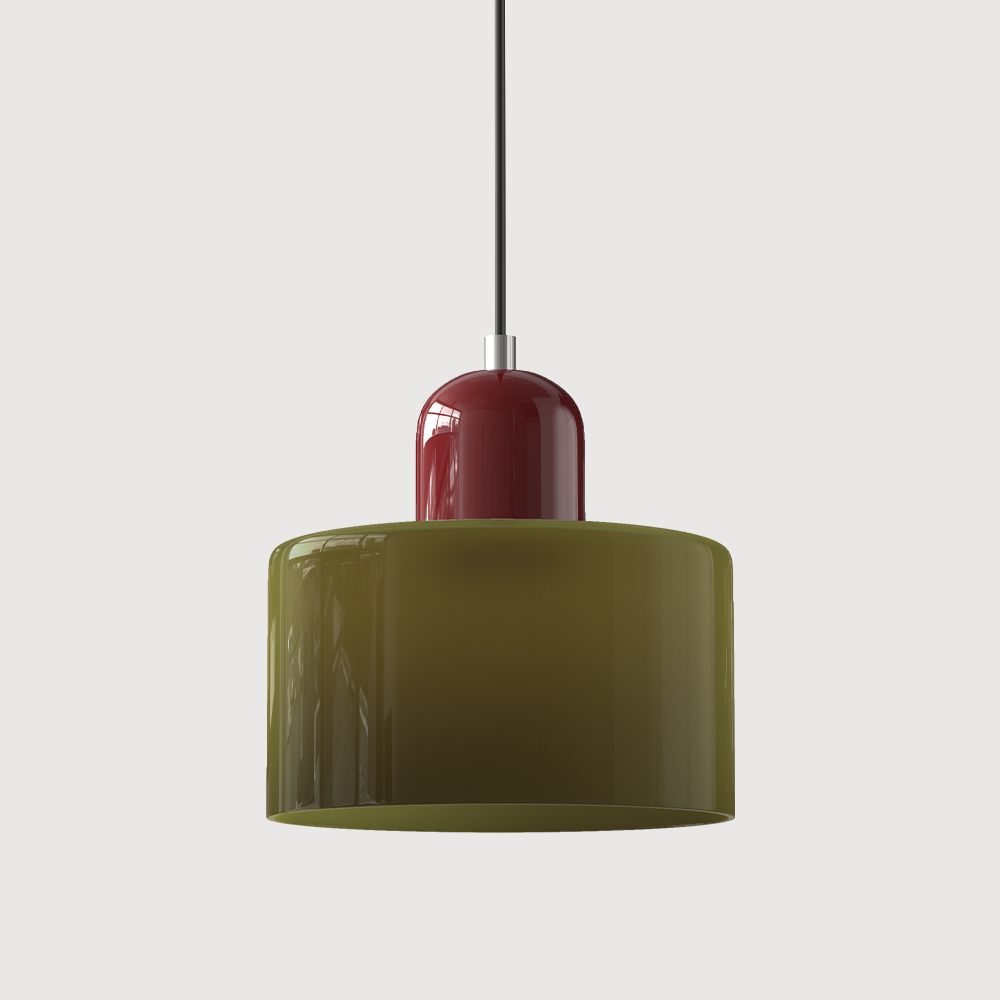 Green glass pendant light with a red base, front view