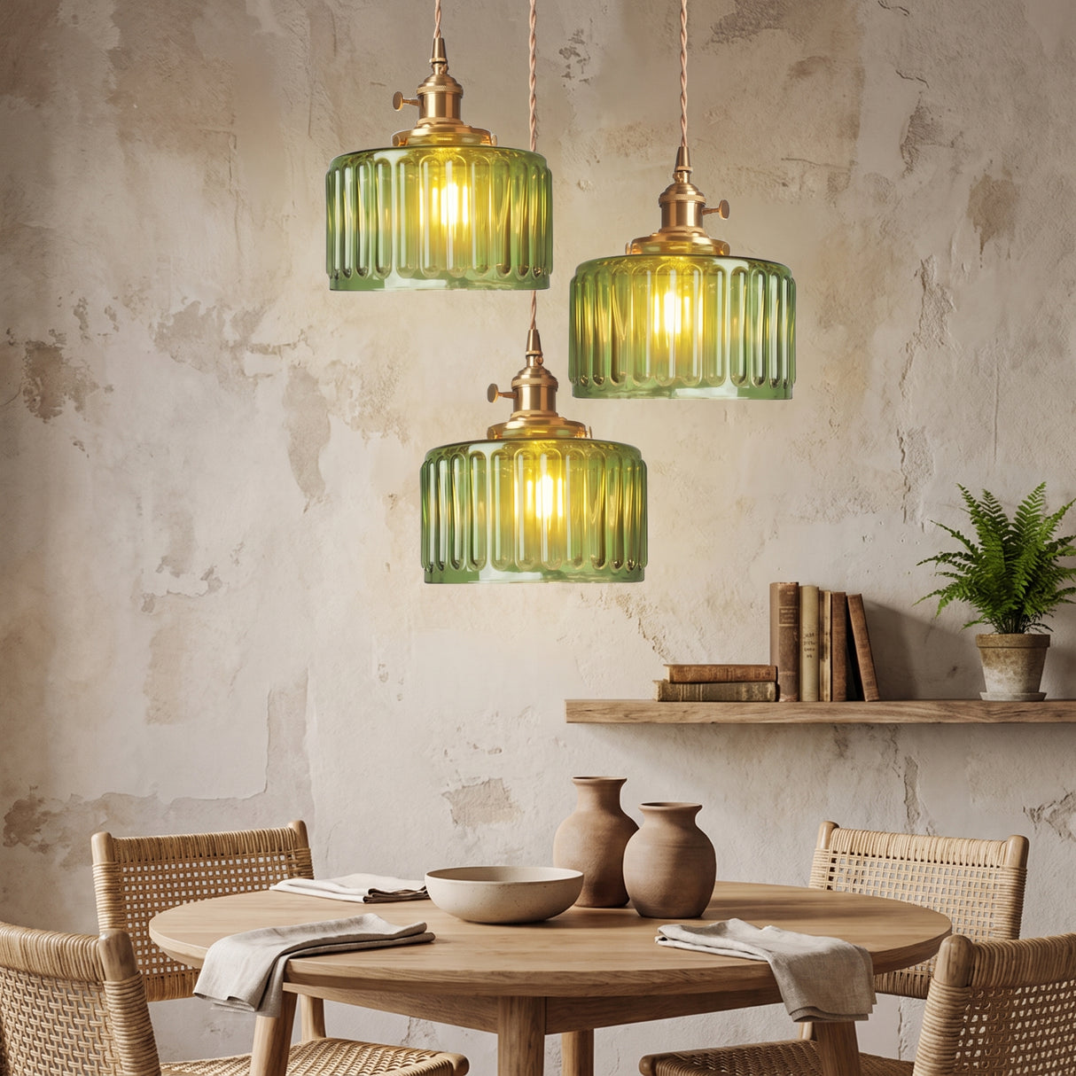 Three green fluted glass pendants clustered above a round oak dining table
