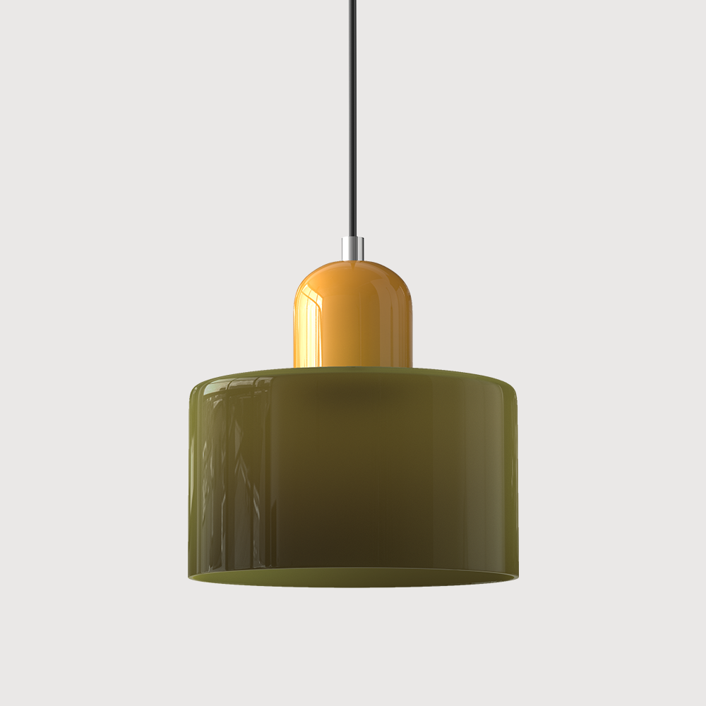 Green glass pendant light with a yellow base, front view