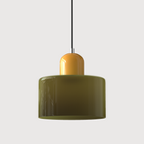 Green glass pendant light with a yellow base, front view