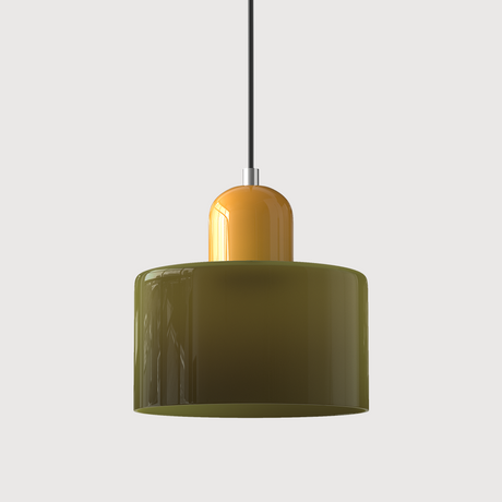 Green glass pendant light with a yellow base, front view