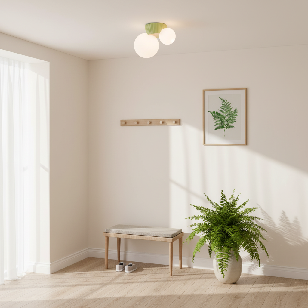 Green canopy globe light in a white entry with a coat rail and a fern