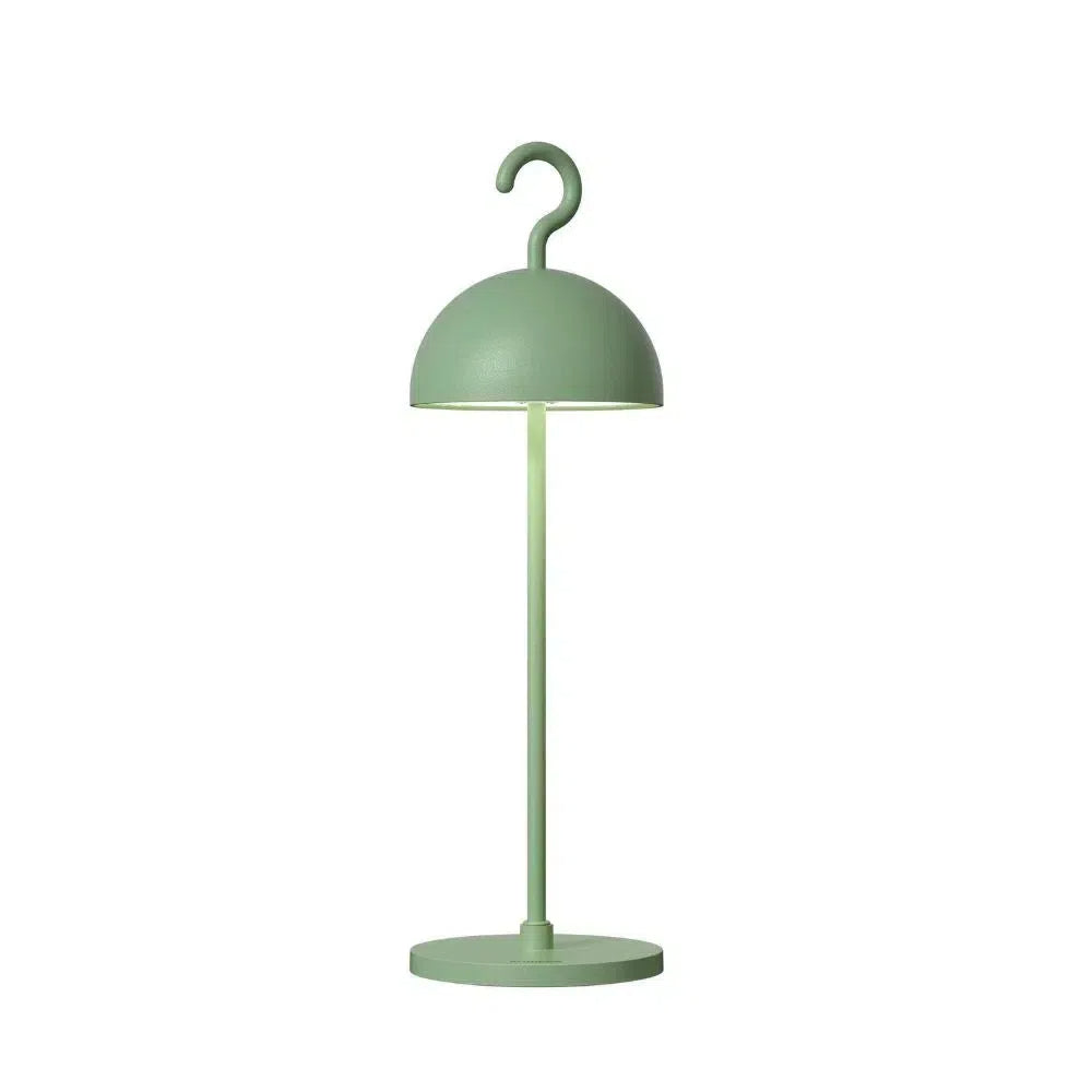 Sage green metal dome table lamp with hook handle shown on a plain background