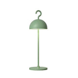 Sage green metal dome table lamp with hook handle shown on a plain background