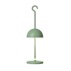 Green rechargeable table lamp with dome shade and hanging hook, side profile view