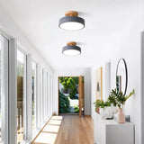Wood flush mount ceiling light lighting a bright modern hallway with timber floors