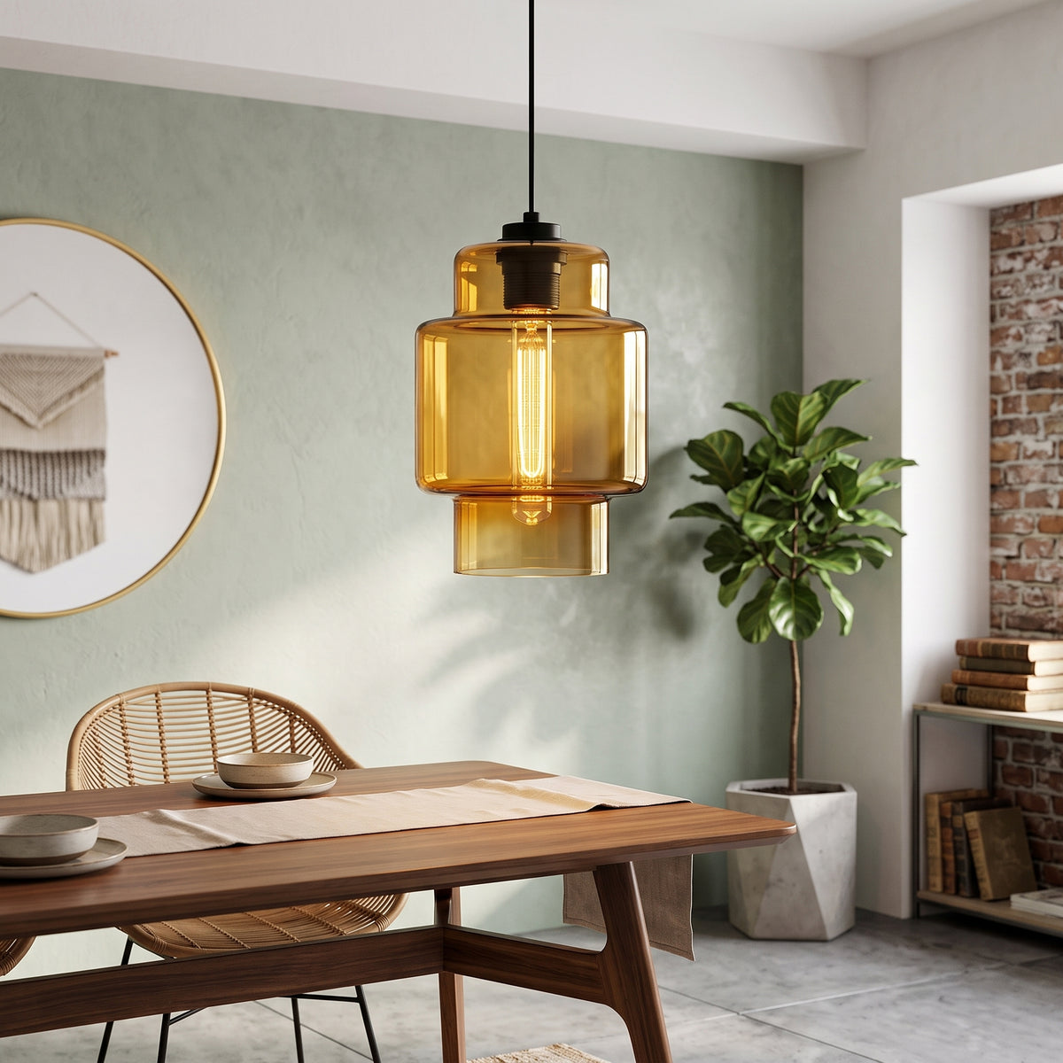 Amber glass pendant lit above a dining table beside a round mirror