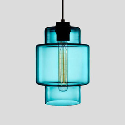 Blue stepped glass pendant with a wide upper band, shown lit