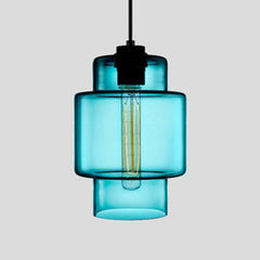 Blue stepped glass pendant with a wide upper band, shown lit