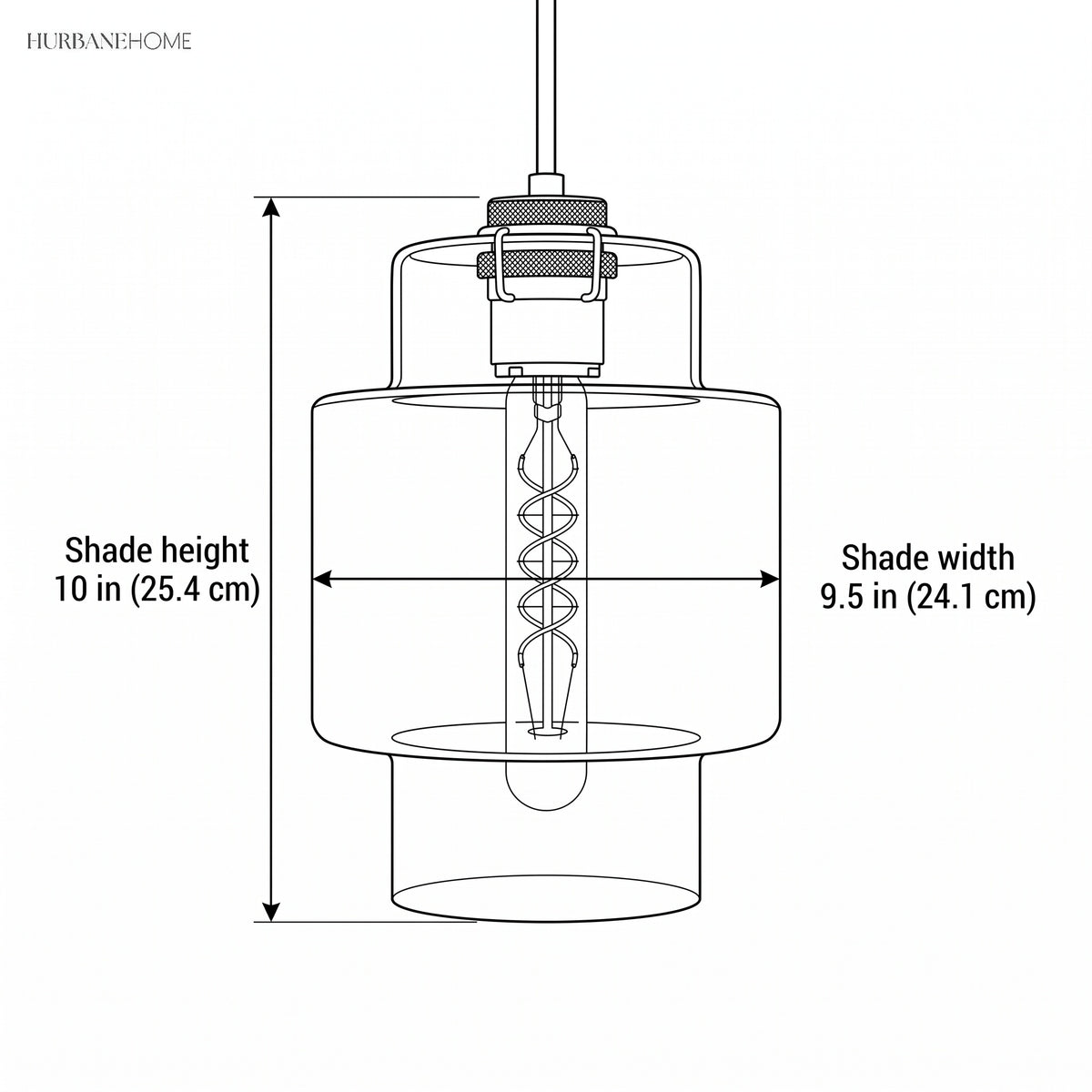 Line drawing of the pendant with shade height 10 in and width 9.5 in
