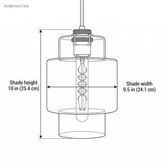Line drawing of the pendant with shade height 10 in and width 9.5 in