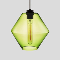 Green faceted glass pendant with angled sides and a filament bulb