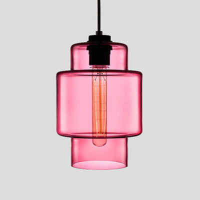 Pink stepped glass pendant with a wide upper band, shown lit