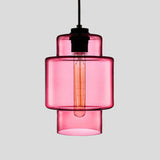 Pink stepped glass pendant with a wide upper band, shown lit