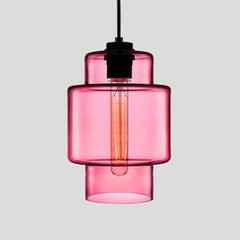 Pink stepped glass pendant with a wide upper band, shown lit