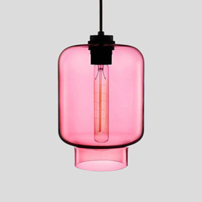 Pink tapered glass pendant with a black cap and a lit filament