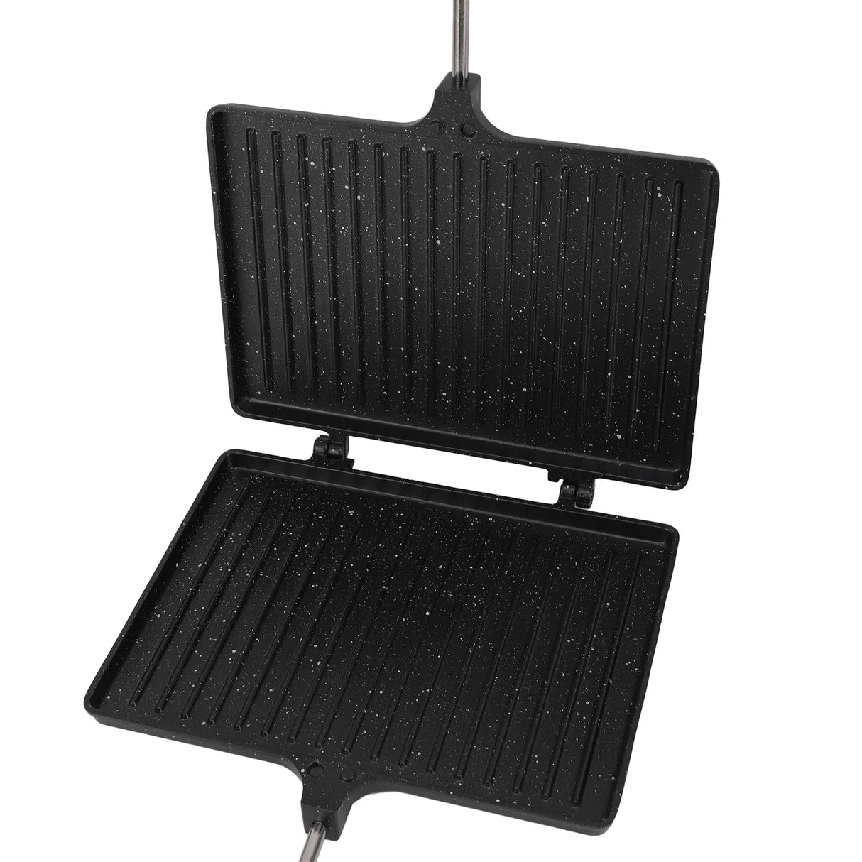 Hand held sandwich maker with removable wooden handle on stovetop