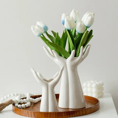 Hand Shaped Flower Vase – Porcelain Palm Tabletop Ceramic Holder - Hurbane Home