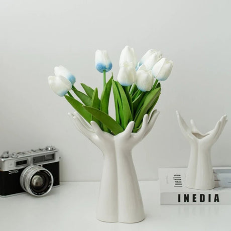 Hand Shaped Flower Vase – Porcelain Palm Tabletop Ceramic Holder - Hurbane Home