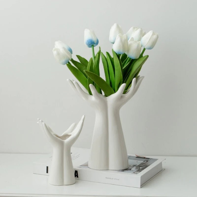 Hand Shaped Flower Vase – Porcelain Palm Tabletop Ceramic Holder - Hurbane Home