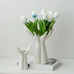 Hand Shaped Flower Vase – Porcelain Palm Tabletop Ceramic Holder - Hurbane Home