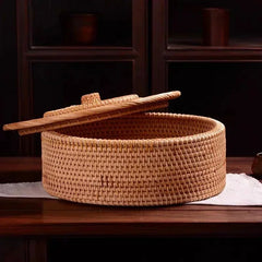 Hand Woven Wicker Baskets - Large Round Storage Solution with Lid, Decorative Hamper - Wooven Storage Baskets - Hurbane Home