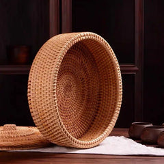 Hand Woven Wicker Baskets - Large Round Storage Solution with Lid, Decorative Hamper - Wooven Storage Baskets - Hurbane Home
