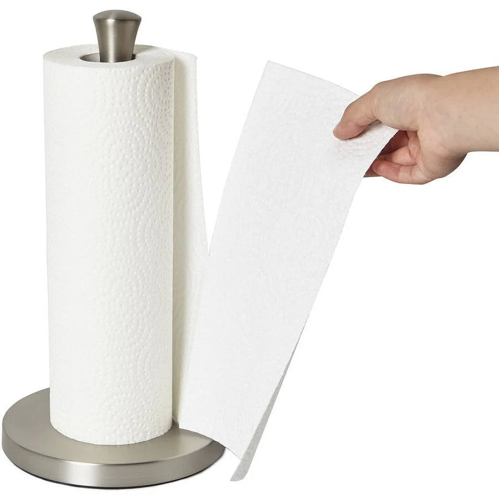 Paper Towel Holder – Weighted Nickel Countertop Stand with Non-Slip Base.