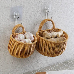 Hanging Food Baskets - Space - Saving Wall - Mounted Woven Storage for Kitchen Essentials - Wooven Storage Baskets - Hurbane Home