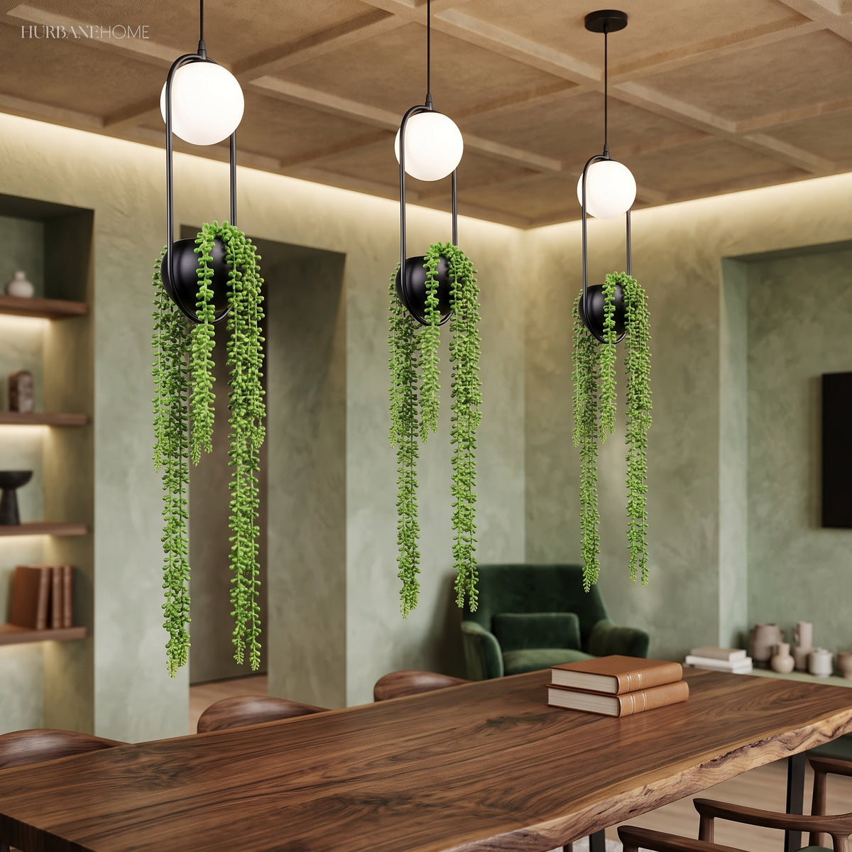 Row of planter pendants with trailing plants above a long table