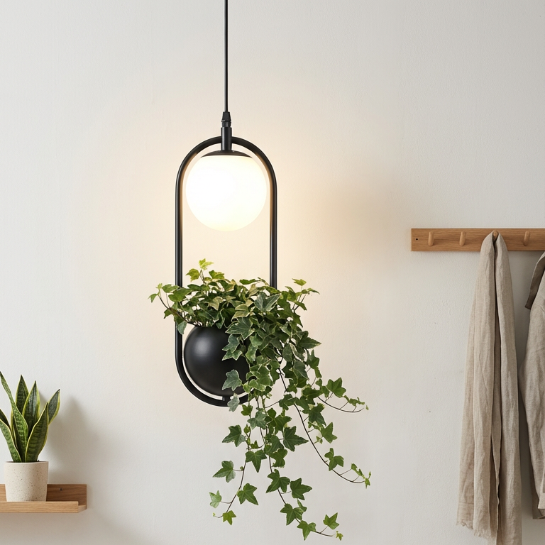 Planter pendant with a trailing plant above a pale entryway bench