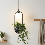 Planter pendant with a trailing plant above a pale entryway bench