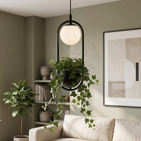 Black hoop planter pendant with a glass globe and trailing ivy