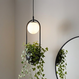 Planter pendant hung beside a round mirror above a console