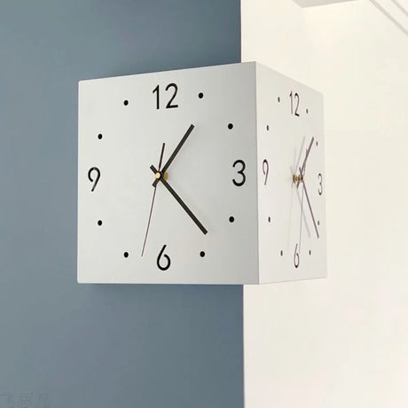 double sided corner wall clock mounted in modern living room