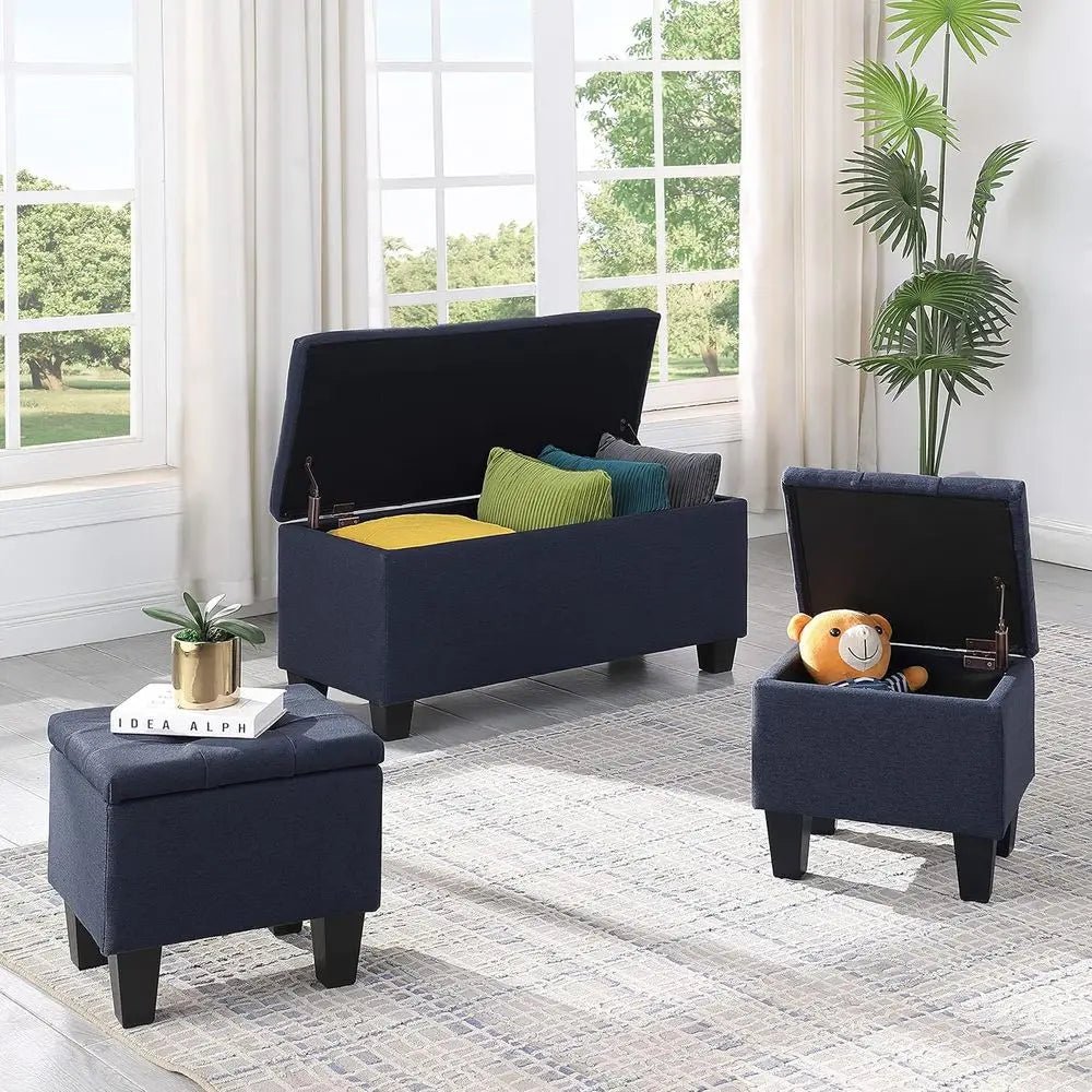 Hinged Ottoman Storage Box with Cushion - Bedroom Organizer Bench Set - Bedroom Storage Bench - Hurbane Home