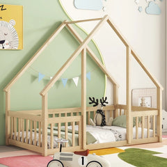 House Shaped Floor Bed - Safe Kids Twin Bed Frame with Guard Rail - Kids Twin Bed Frame - Hurbane Home