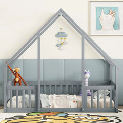 House Shaped Floor Bed - Safe Kids Twin Bed Frame with Guard Rail - Kids Twin Bed Frame - Hurbane Home