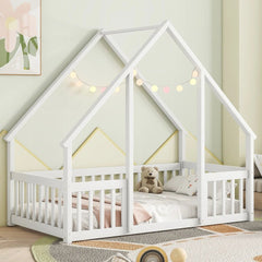 House Shaped Floor Bed - Safe Kids Twin Bed Frame with Guard Rail - Kids Twin Bed Frame - Hurbane Home