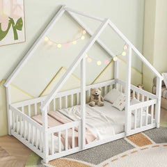 House Shaped Floor Bed - Safe Kids Twin Bed Frame with Guard Rail - Kids Twin Bed Frame - Hurbane Home
