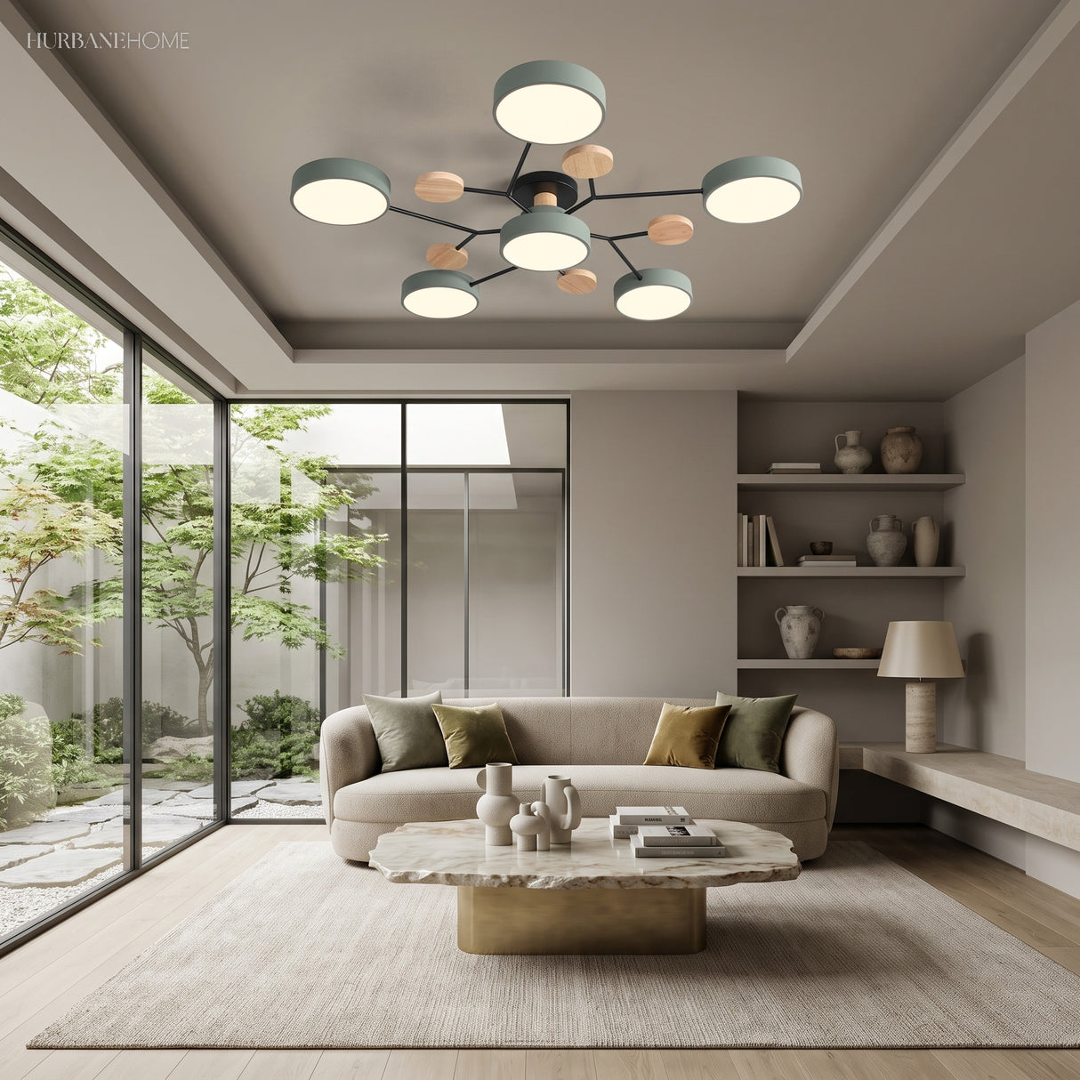 Sage green modern circular LED ceiling light in a serene lounge overlooking a garden courtyard
