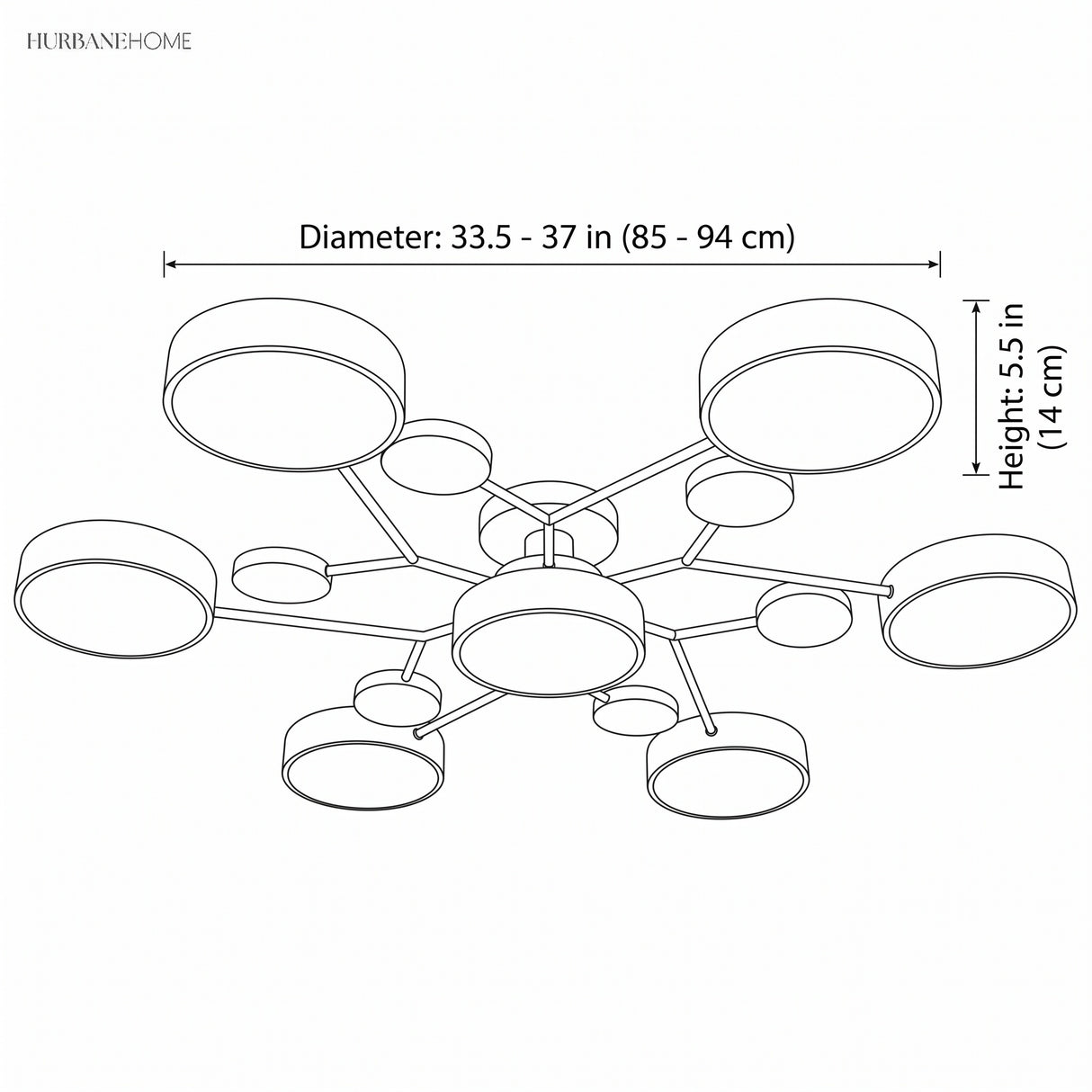 Dimension diagram: circular LED ceiling light, 33.5-37 in (85-94 cm) diameter x 5.5 in (14 cm) height