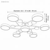 Dimension diagram: circular LED ceiling light, 33.5-37 in (85-94 cm) diameter x 5.5 in (14 cm) height