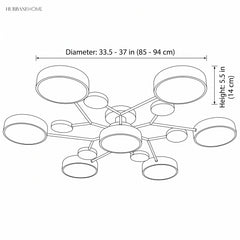 Dimension diagram: circular LED ceiling light, 33.5-37 in (85-94 cm) diameter x 5.5 in (14 cm) height