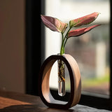 Hydroponic glass planter with walnut wood base